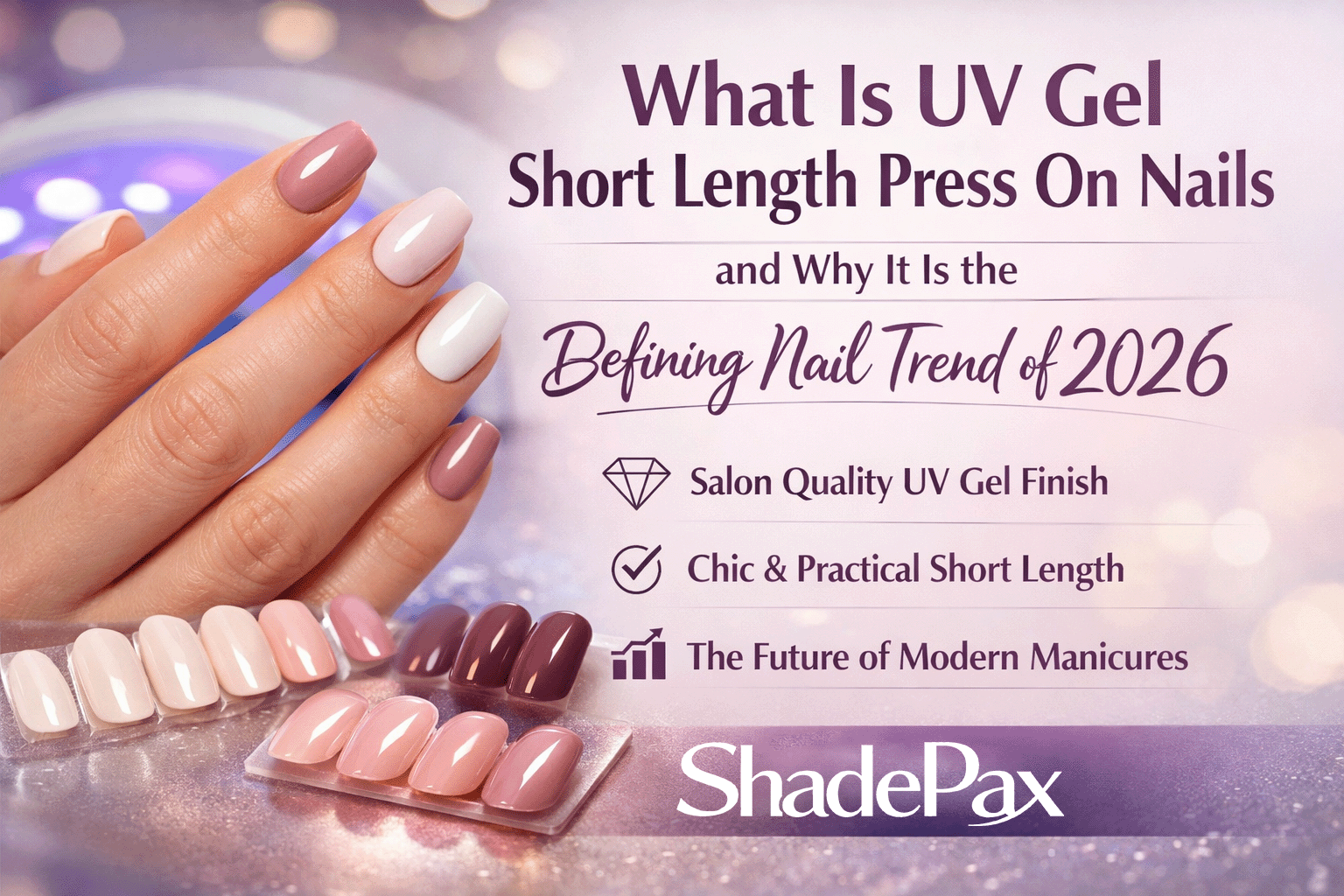 UV gel short length press on nails by ShadePax showing glossy nude and pink salon finish sets on model hand with short square designs