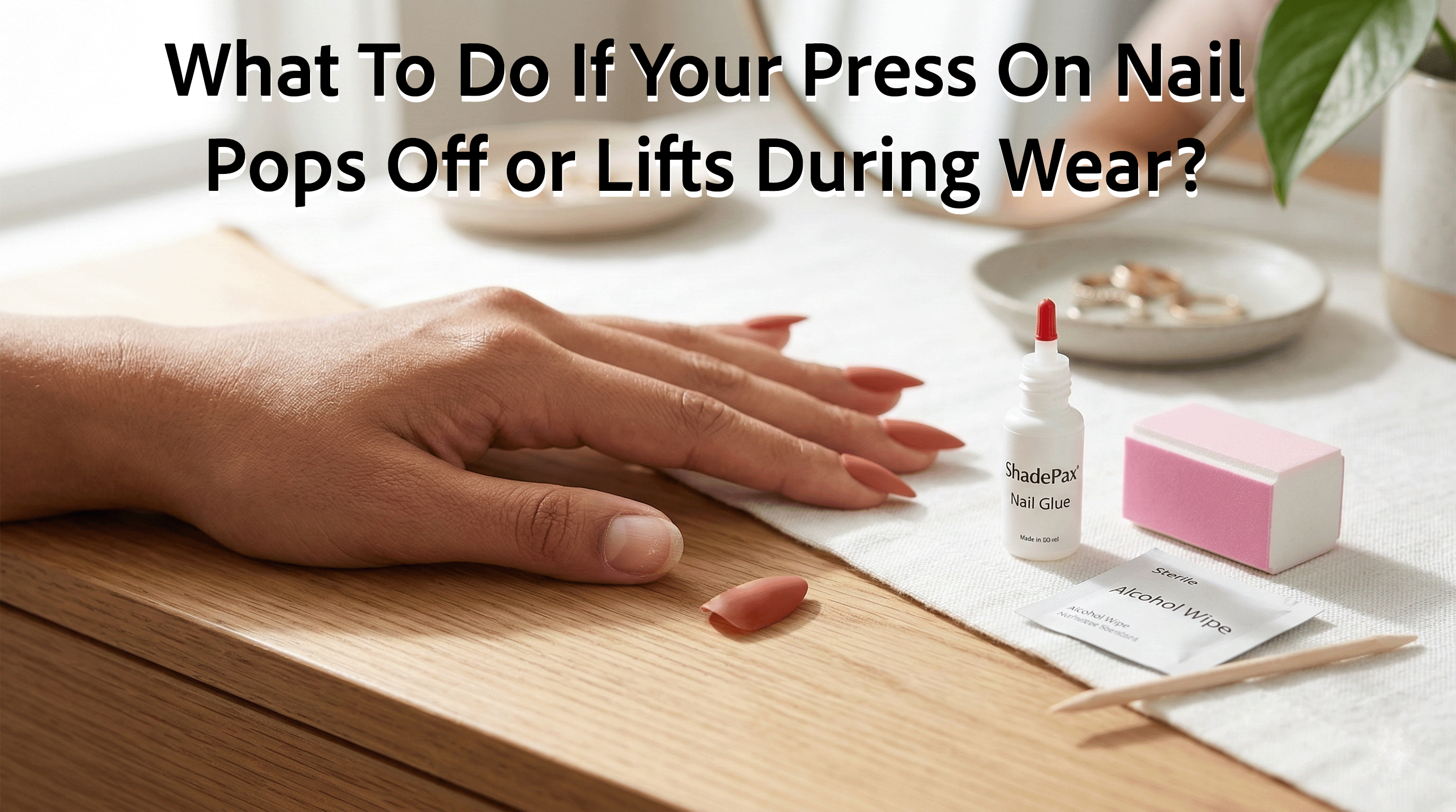 Woman fixing a press on nail that popped off using nail glue and manicure tools on a table