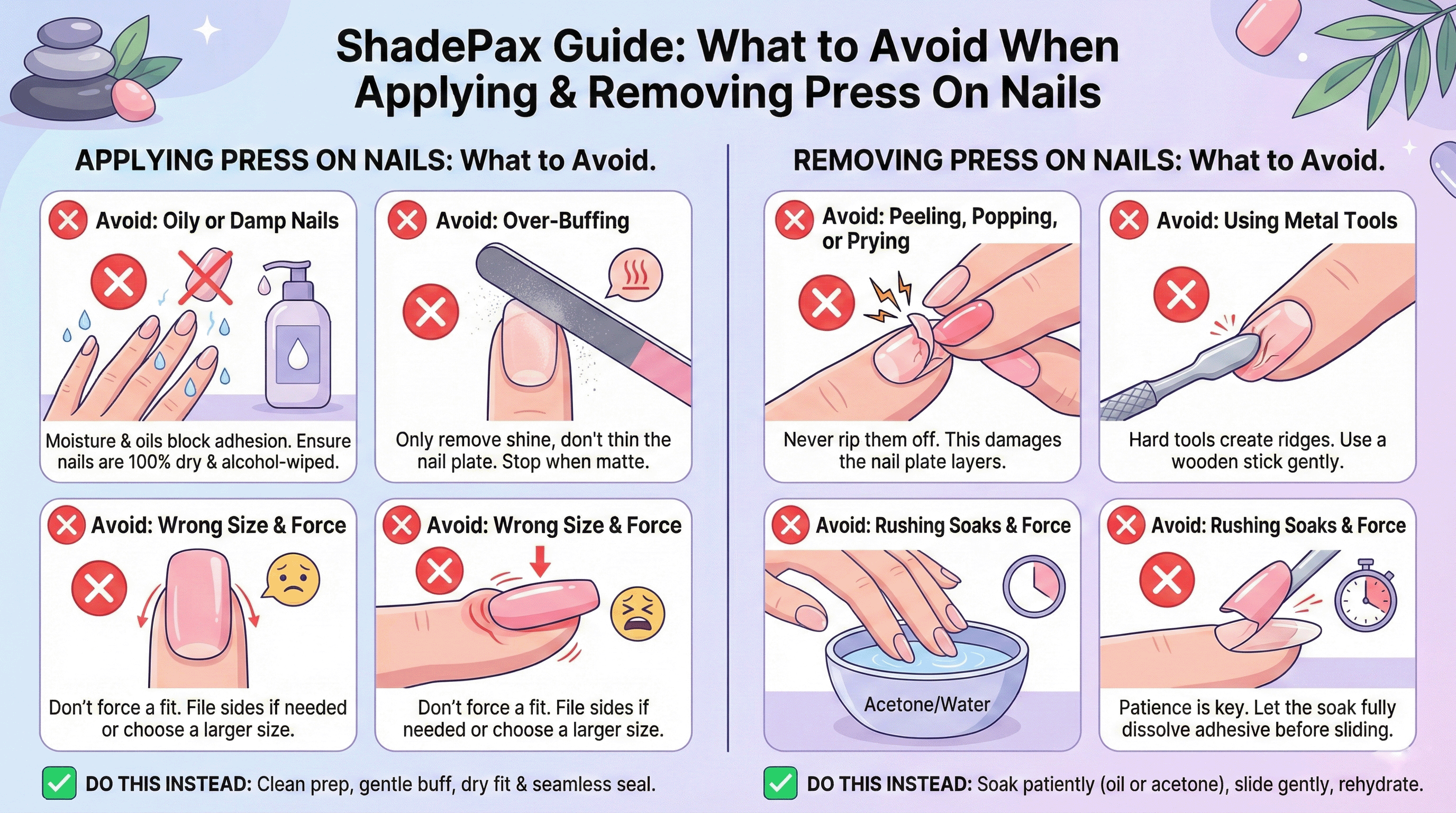 Infographic showing what to avoid when applying and removing press on nails, including oily nails, over buffing, wrong sizing, peeling, metal tools, and rushing removal, with ShadePax tips for proper prep, gentle soak off, and healthy natural nails.