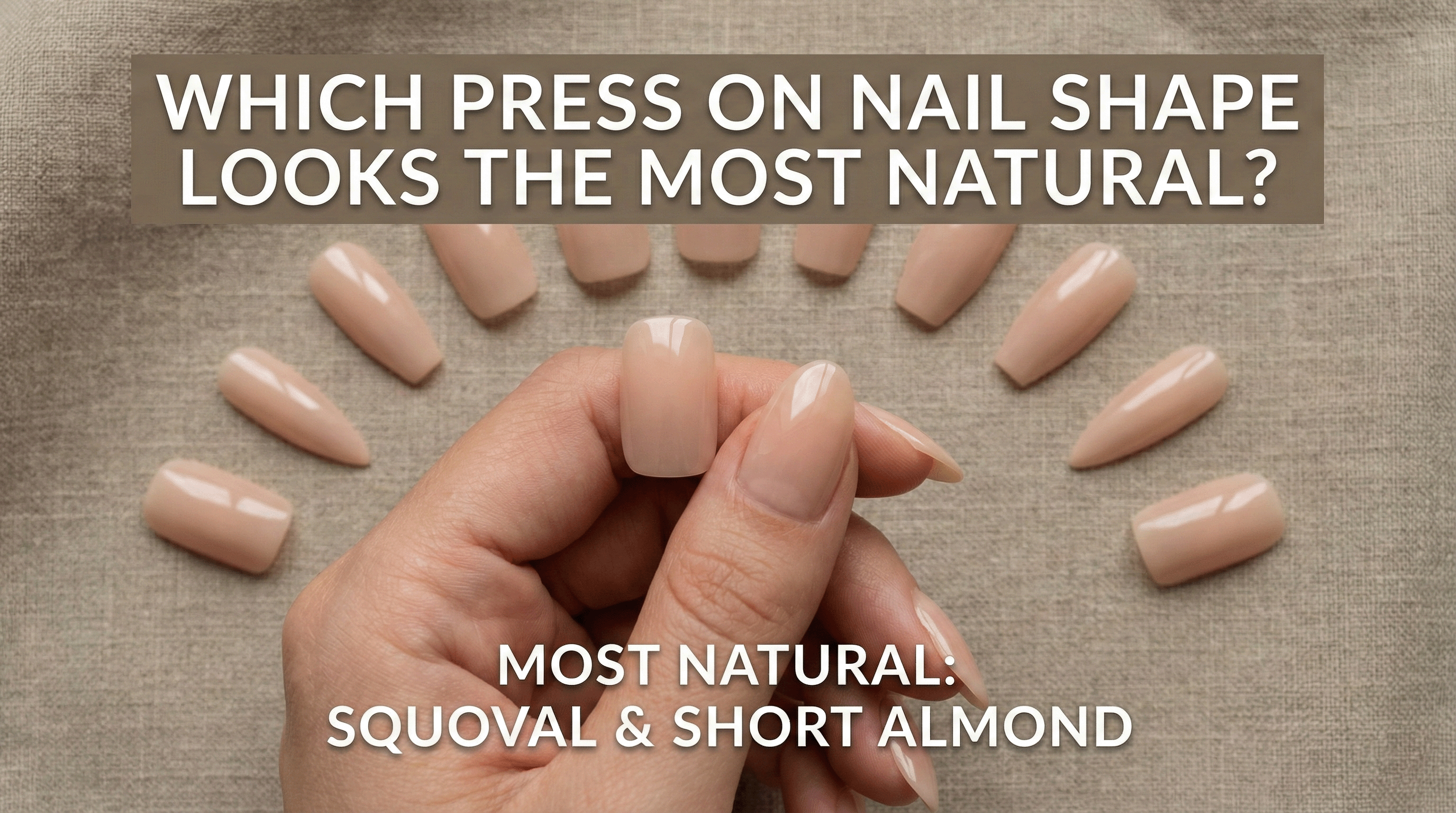 Press on nail shape comparison showing squoval and short almond as the most natural looking styles in nude gloss finish