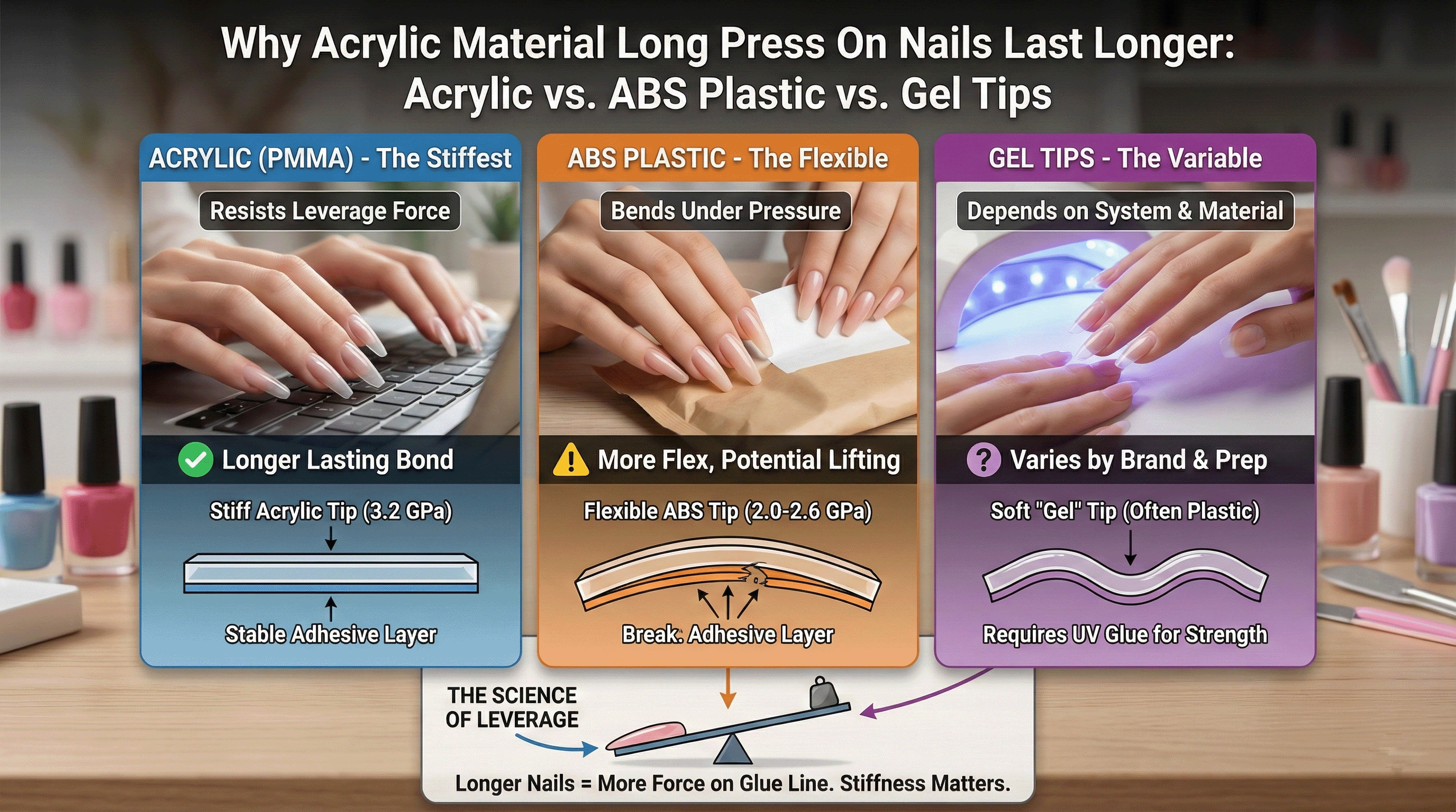 Infographic comparing acrylic, ABS plastic, and gel tip long press on nails, showing why stiff acrylic tips last longer with less lifting.