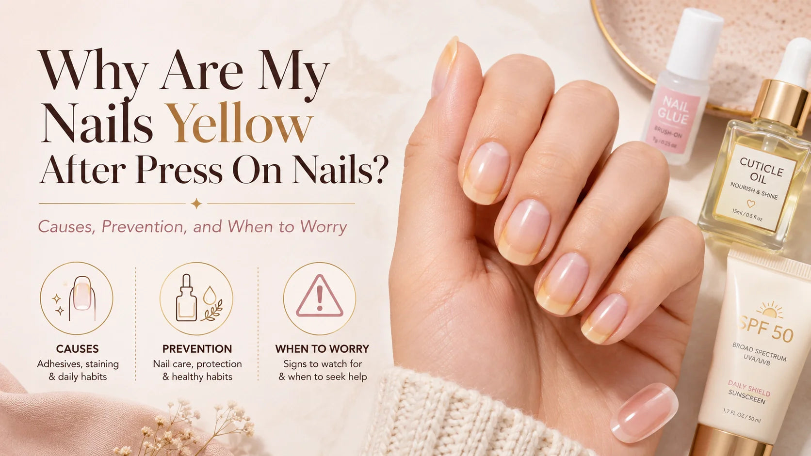 Natural nails with mild yellow staining after press on nail removal, shown with nail glue, cuticle oil, and sunscreen for a blog about causes, prevention, and when to worry.
