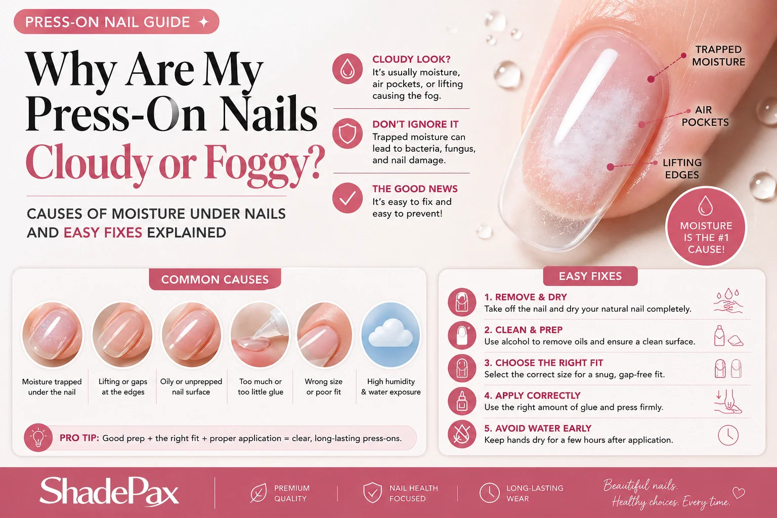 Press on nails looking cloudy or foggy with moisture trapped underneath, infographic showing causes like air pockets and lifting edges with easy fixes