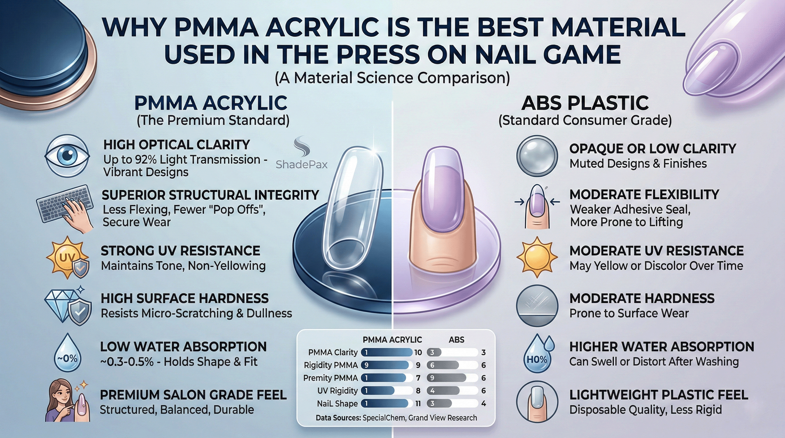 Infographic comparing PMMA acrylic and ABS plastic for press on nails, highlighting superior clarity, structural integrity, UV resistance, surface hardness, low water absorption, and salon grade feel of PMMA acrylic.