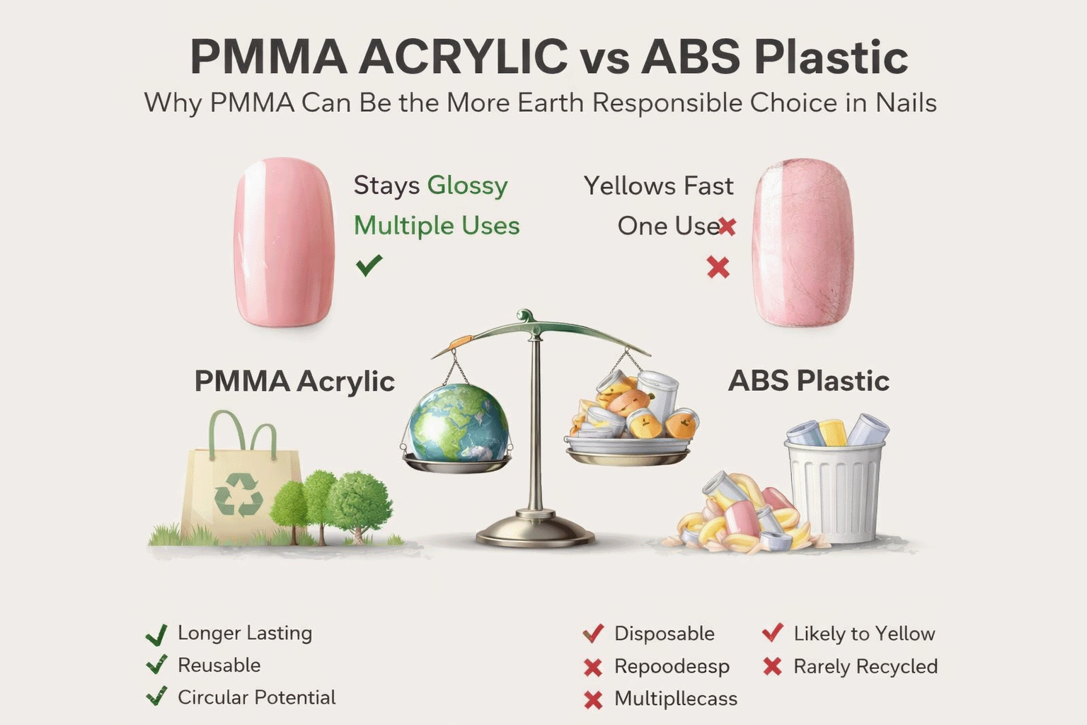 Infographic comparing PMMA acrylic vs ABS plastic in press on nails, highlighting durability, multiple uses, and lower waste benefits of PMMA.