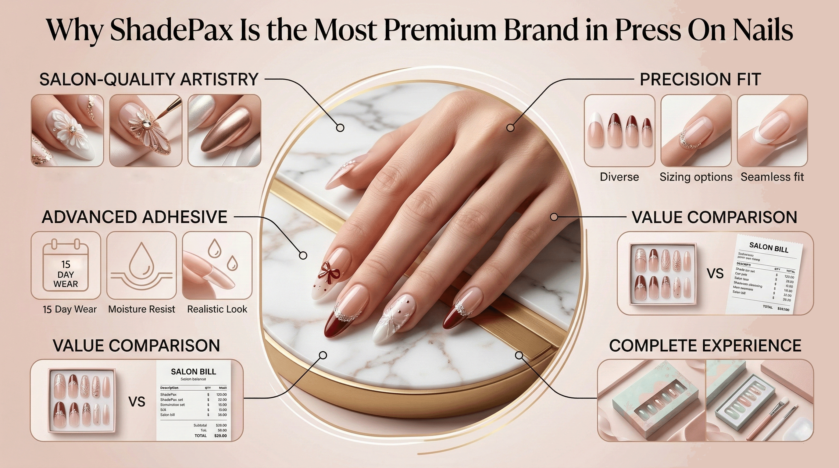 ShadePax premium press on nails infographic showing salon quality nail designs, precision fit sizing, advanced adhesive wear, and value comparison
