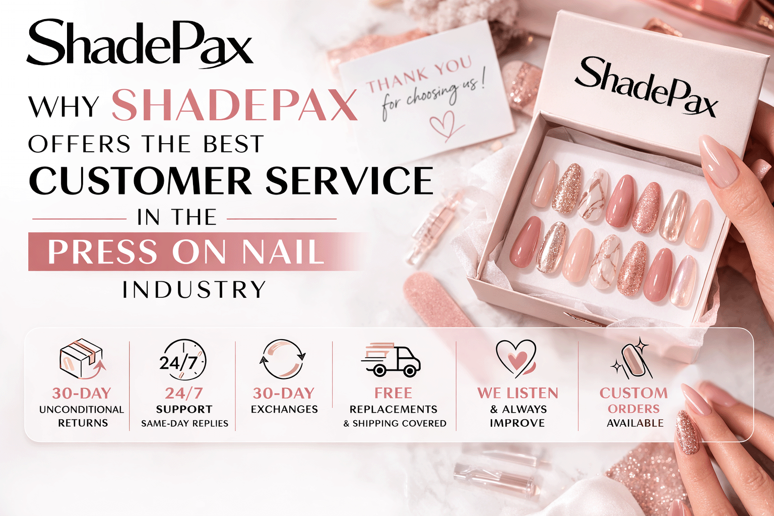 ShadePax press on nail customer service banner showing manicure set packaging, smiling support agent with headset, and icons highlighting 30 day returns, 24 7 support, free replacements, exchanges, custom orders, and satisfaction guarantee.