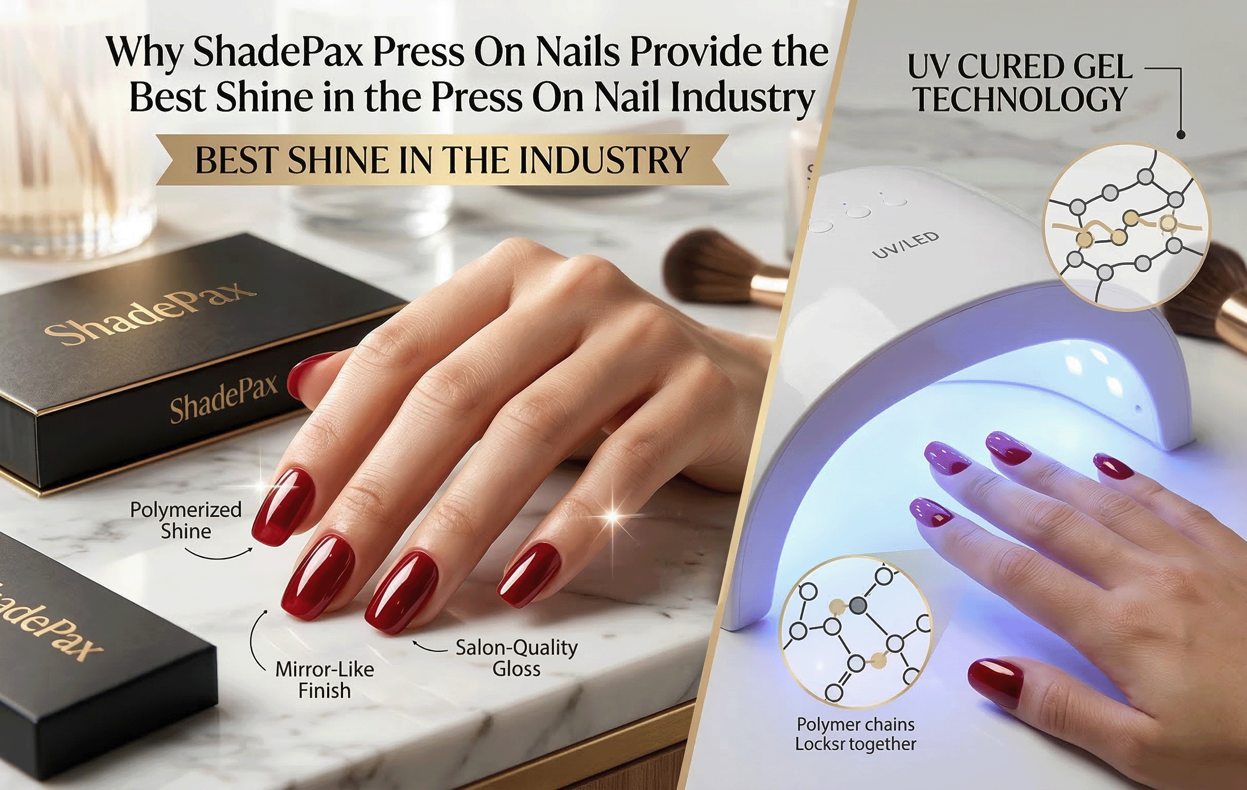ShadePax press on nails with UV cured gel technology showing mirror like shine and salon quality glossy finish