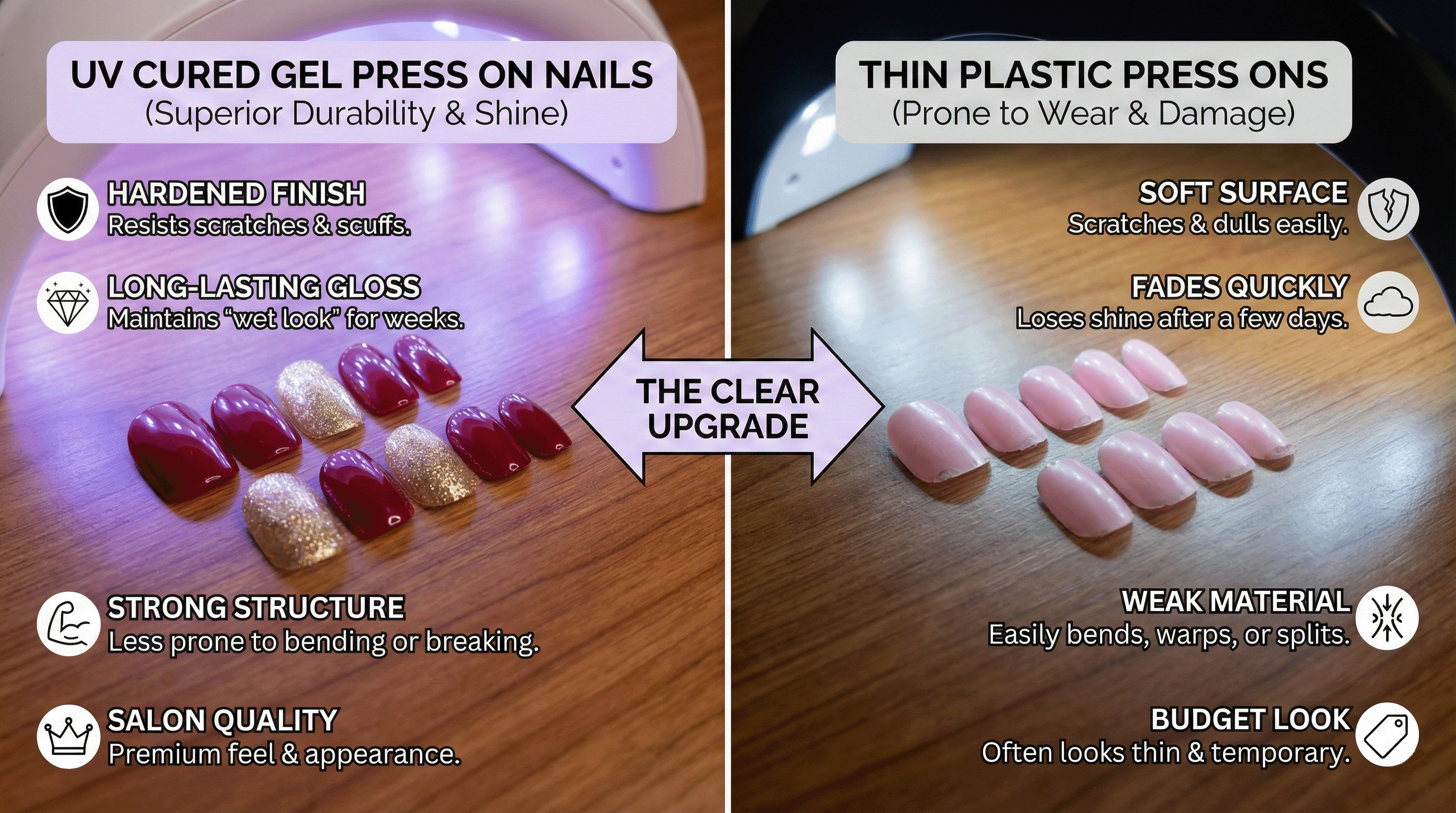 UV cured gel press on nails compared to thin plastic press ons, highlighting hardened finish, long lasting gloss, strong structure, and salon quality vs weak plastic nails