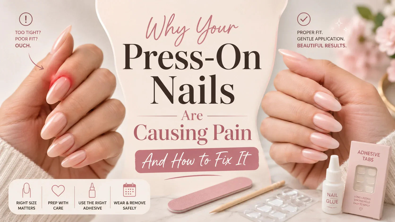 Press on nail pain guide showing irritated cuticle area, proper nail fit, adhesive tabs, nail glue, and tools for safe press on nail application.