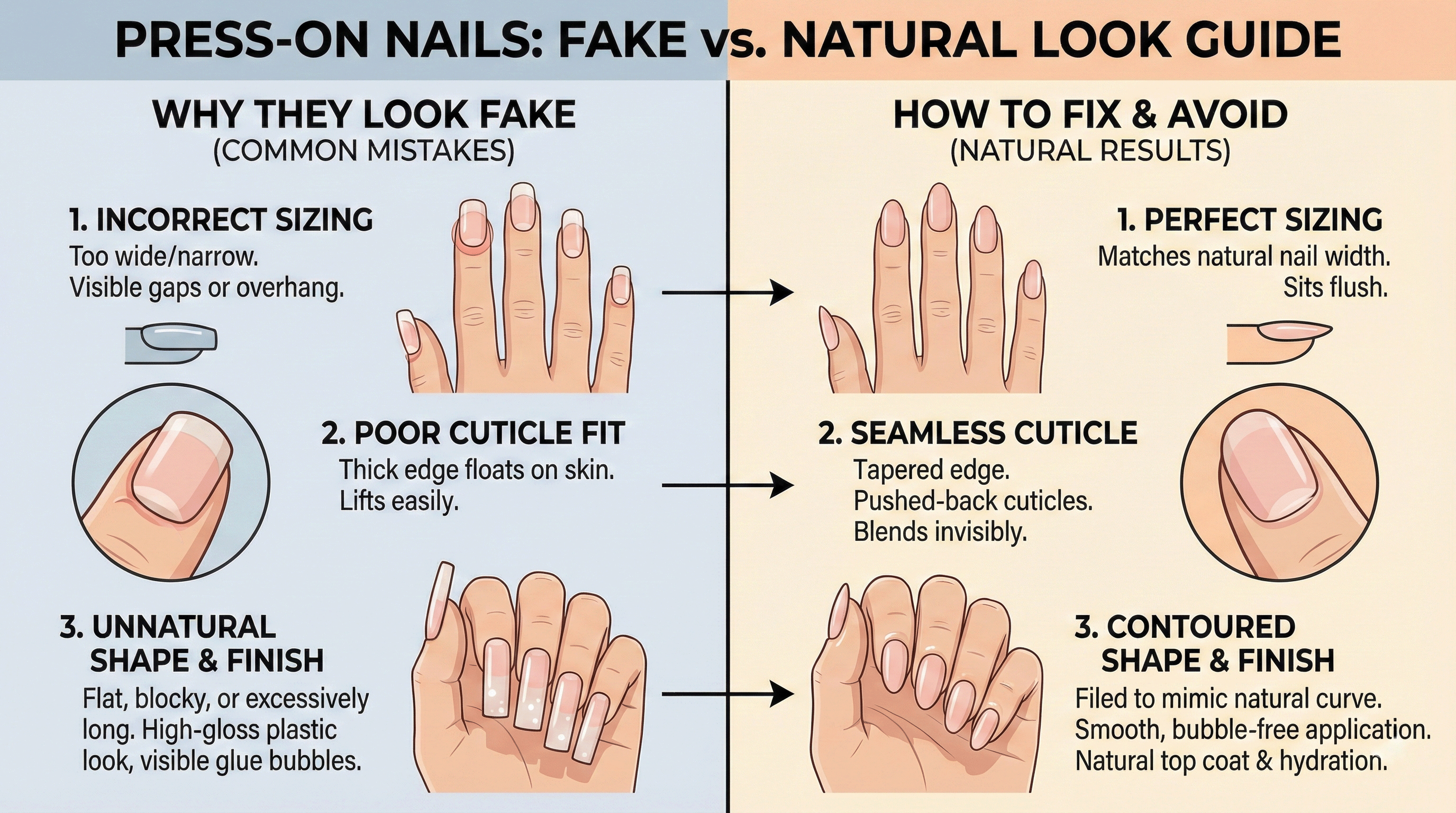 Infographic showing why press on nails look fake versus natural, comparing incorrect sizing, bulky cuticles, and unnatural shapes with proper sizing, seamless cuticle blending, and contoured nail finishes for salon realistic results.