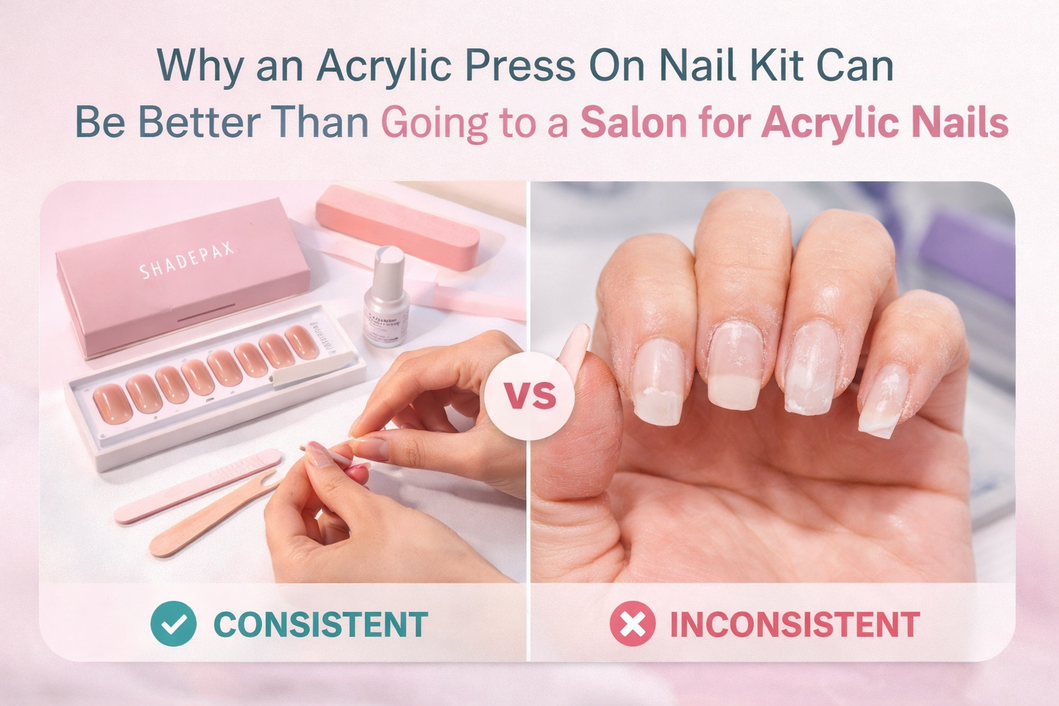 Acrylic press on nail kit vs salon acrylic nails comparison showing ShadePax press ons with consistent shape and color beside uneven salon acrylic nails