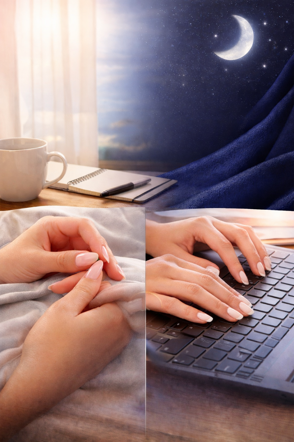 image showing hand with press on nail at day time vs night time