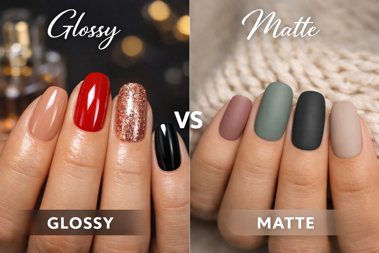 Matte vs glossy press on nails comparison showing shine, texture, and finish differences on natural hands side by side