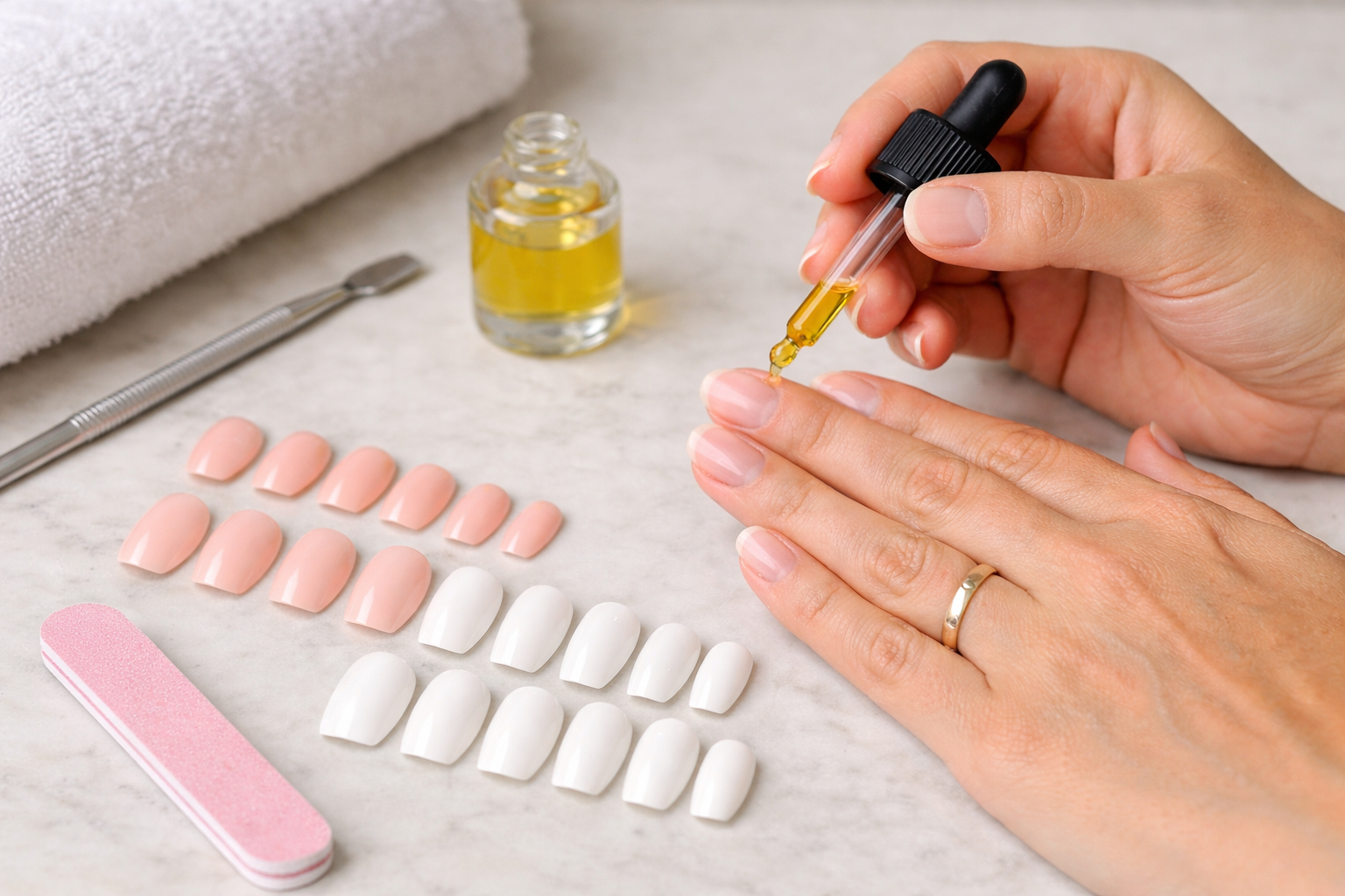 a hand applying cuticle oil to the nails to heal the natural nails before and after wearing press on nail