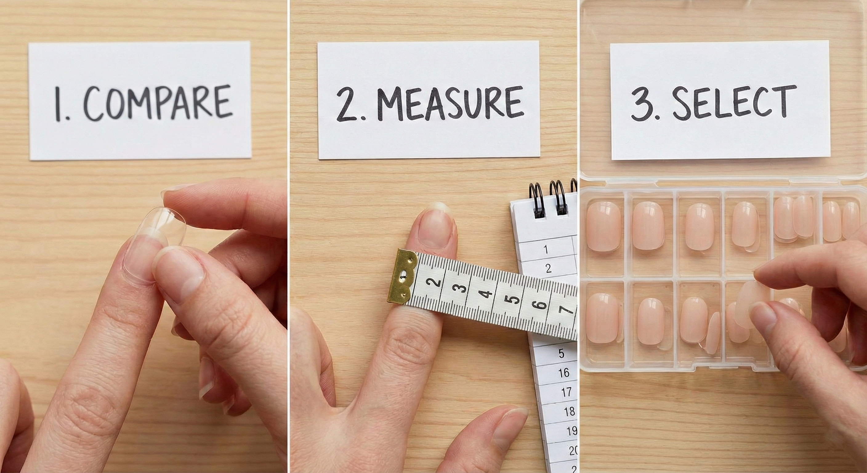 three image guide showing a hand measuring press on nails on fingers
