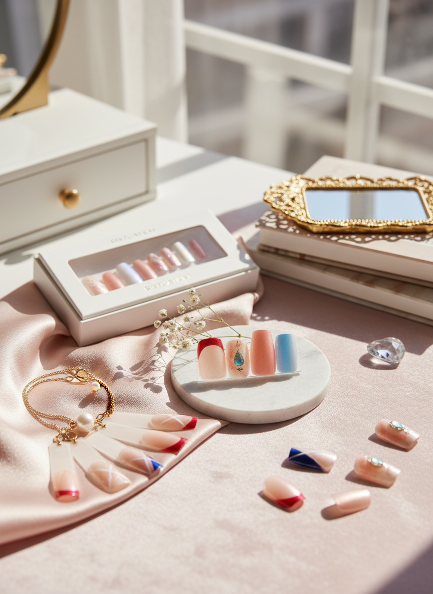 ShadePax press-on nail set on a vanity with jewelry, showing a cute at-home manicure that can last 7–14 days.