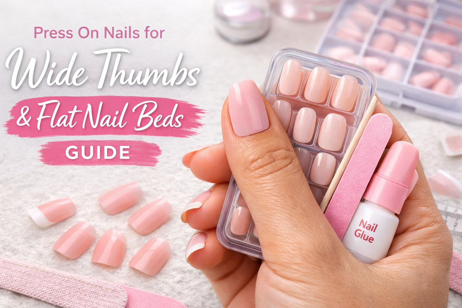 Press on nails sizing guide for wide thumbs and flat nail beds with soft pink nail set and measuring tools