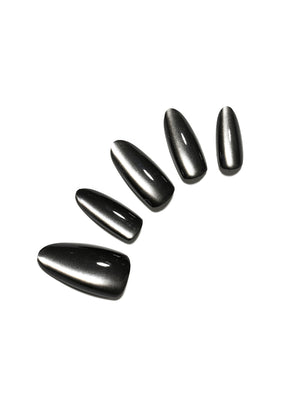 Noir Eclipse long almond black chrome press-on nails gunmetal mirror finish 30-piece PMMA acrylic set