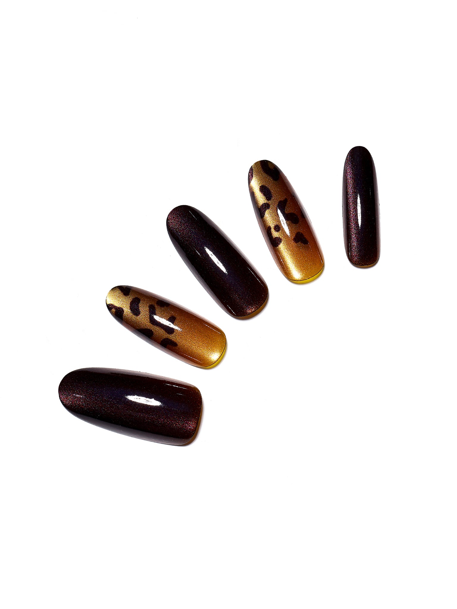 Safari Queen long oval leopard cat eye press-on nails in brown and gold bronze 30-piece set