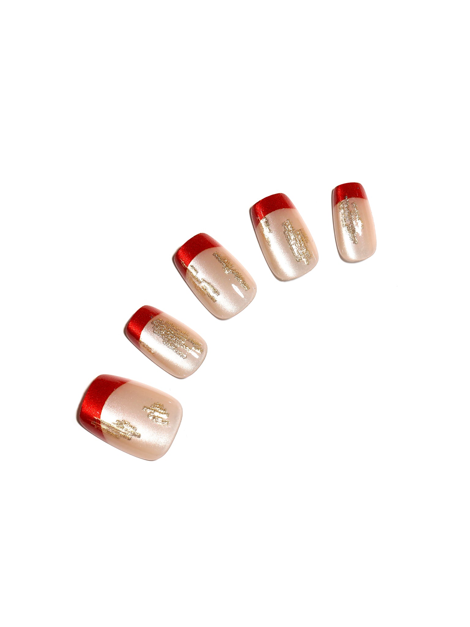 Fortune Spark red French tip gold foil square press on nails on nude base