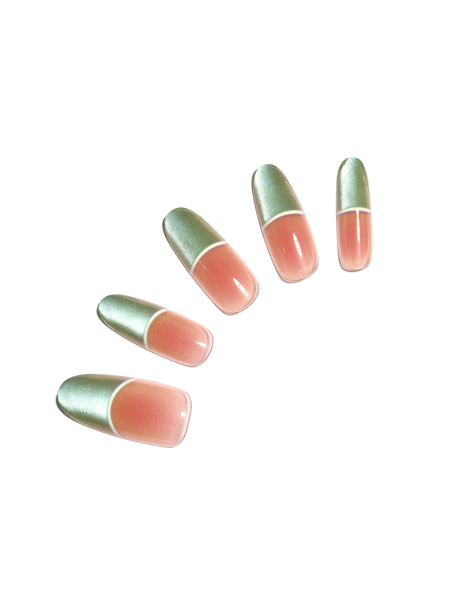 Fresh Meadow long oval green chrome French tip press-on nails with sheer peach base 30-piece set