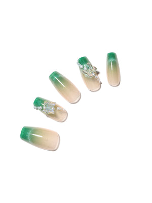 Garden Grace long coffin green French tip press-on nails with pearls and 3D butterflies 30-piece set