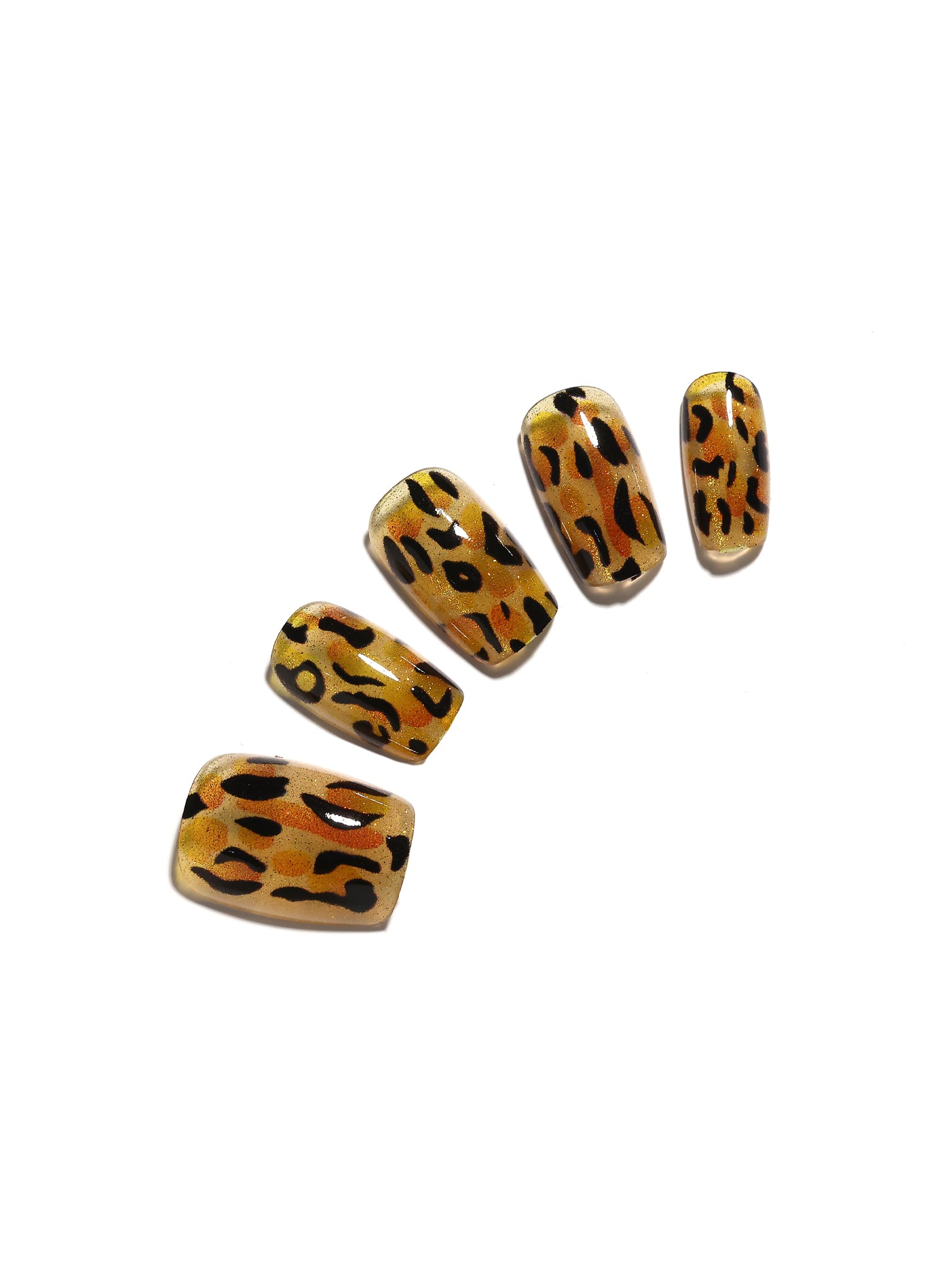 Sparkle Safari short square gold leopard print press-on nails glossy black spots animal print 30-piece set
