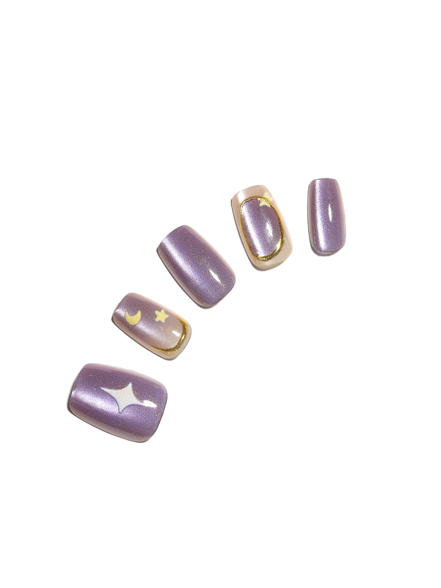 Purple Stardust short square purple galaxy press-on nails with moon and star nail art