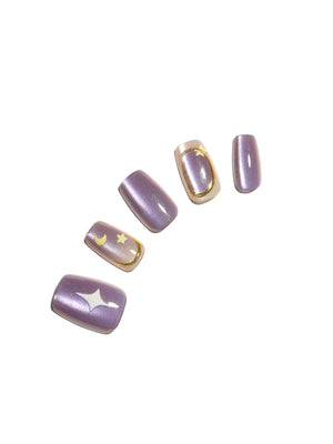Purple Stardust short square purple galaxy press-on nails with moon and star nail art