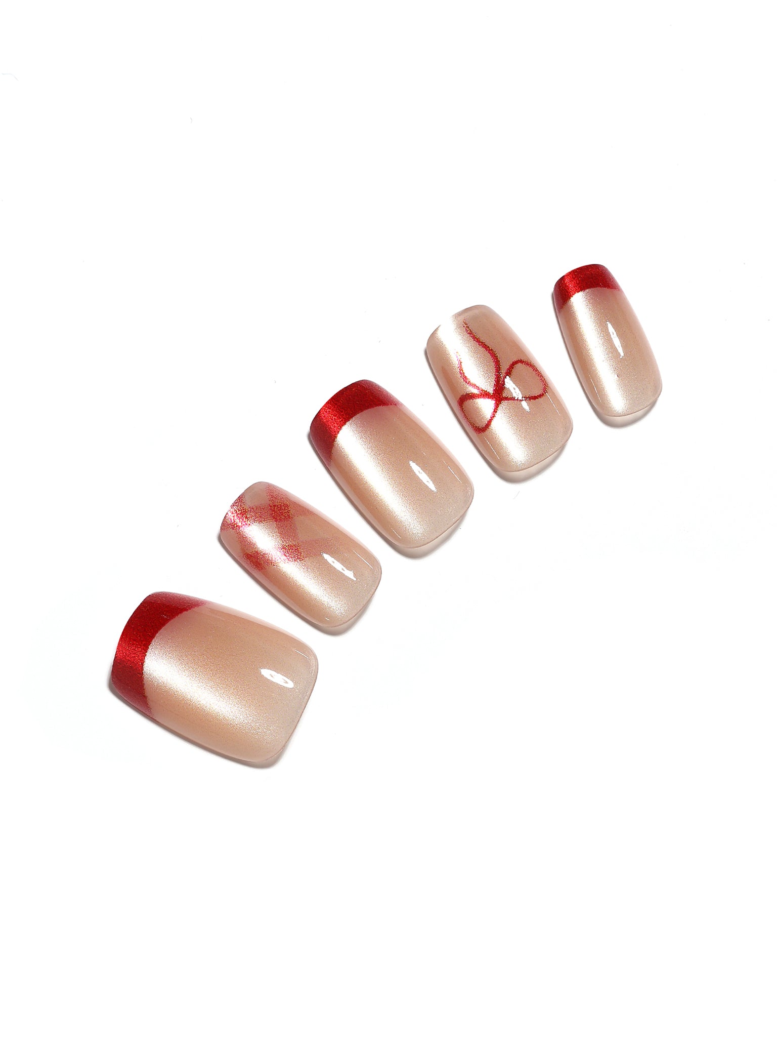 Garnet Bow nude shimmer red French tip bow press on nails 30 piece acrylic set