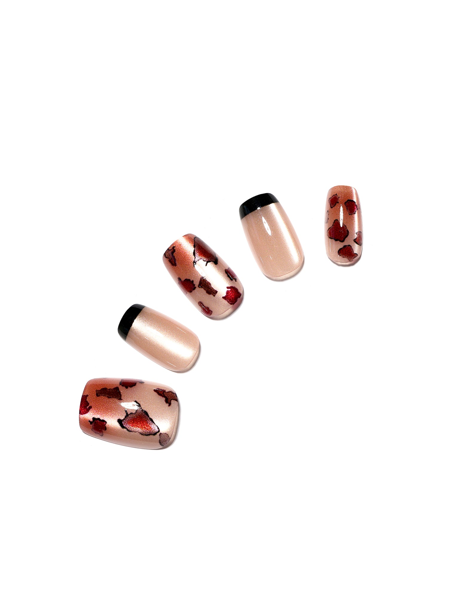 Shadowed Rose leopard French square press-on nails on nude base with black tips and rose spots