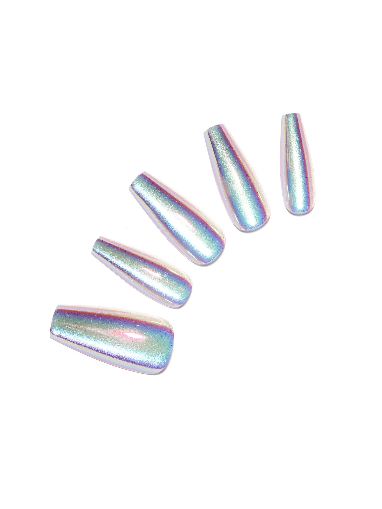 Holographic metallic coffin press-on nails, long chrome-effect acrylic tips on white background