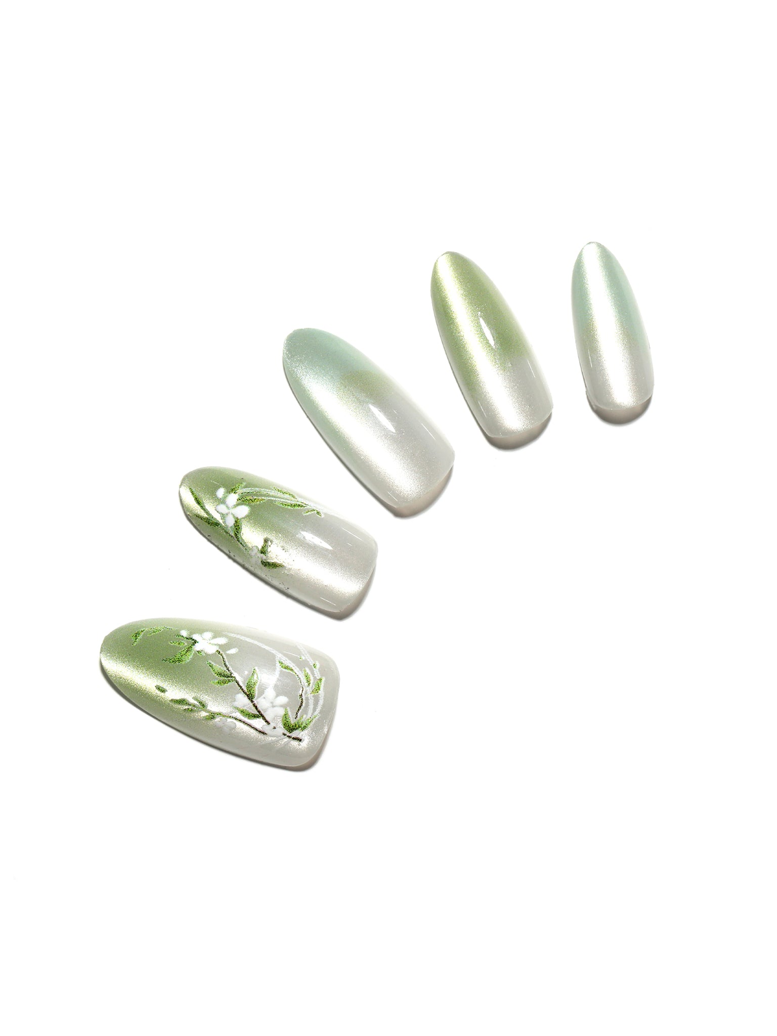 Spring Garden long almond green chrome press-on nails mint pearl shimmer floral art 30-piece acrylic set