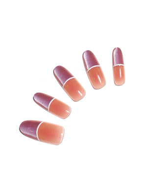 Purple ombré French tip oval press-on nails with nude base on white background