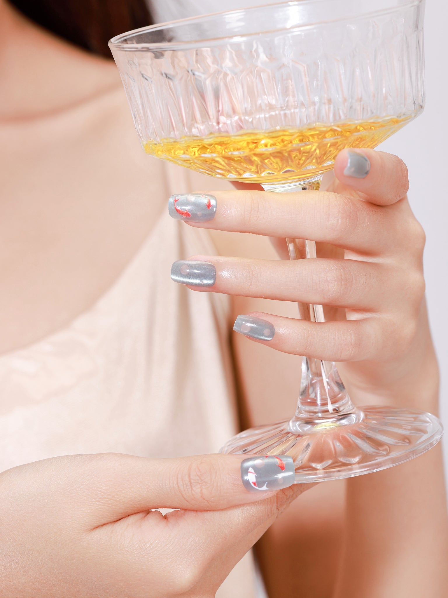 Blue koi fish nail art press on nails with pond inspired design on square acrylic tips