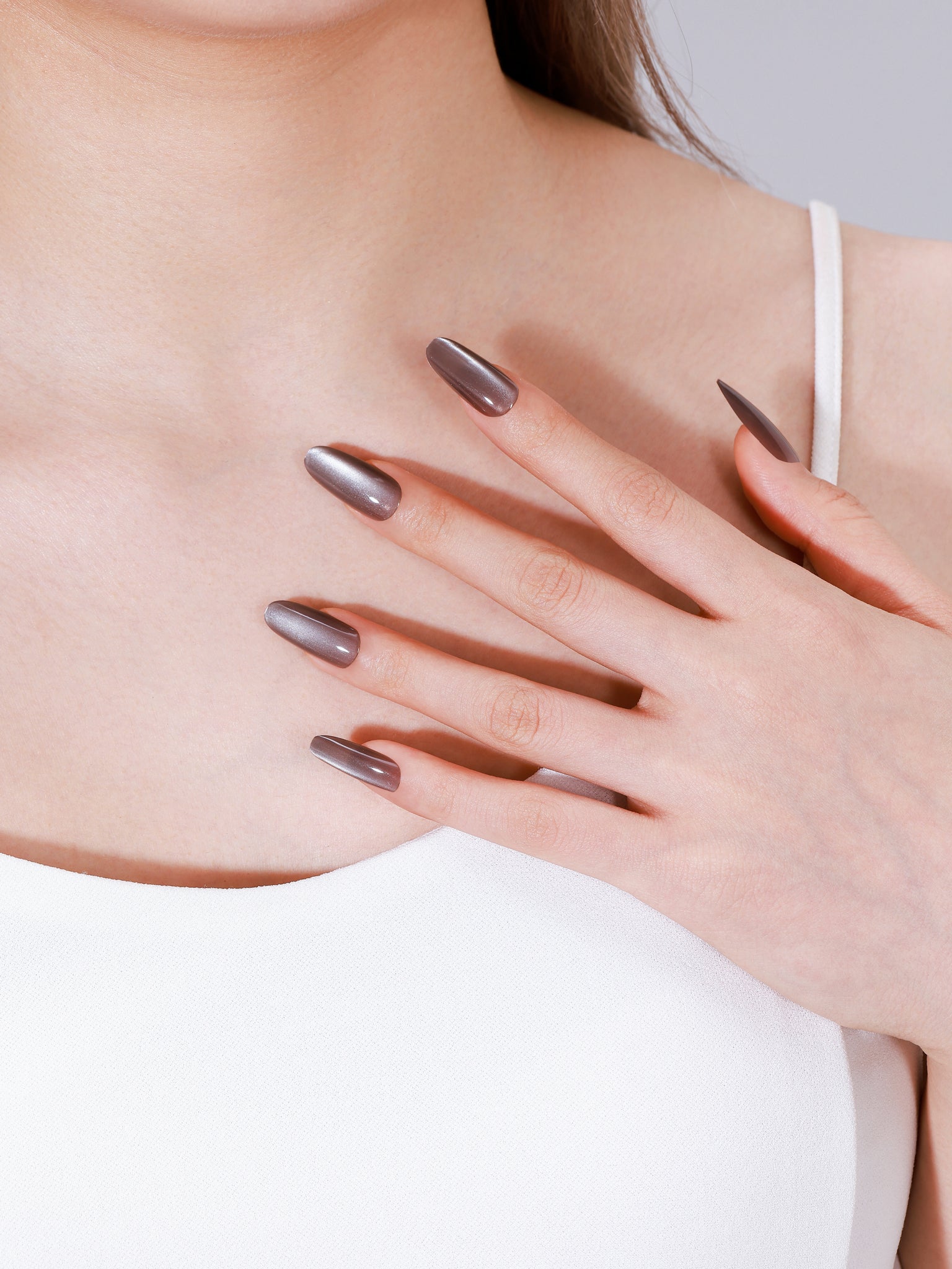 Brown solid color oval press on nails – warm neutral manicure