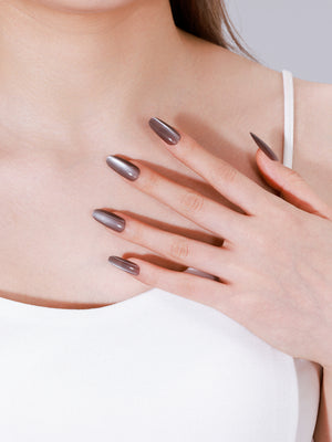 Brown solid color oval press on nails – warm neutral manicure