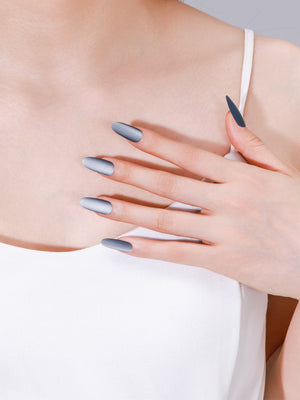 PMMA acrylic long oval smoky blue-gray press-on nails with velvety matte finish