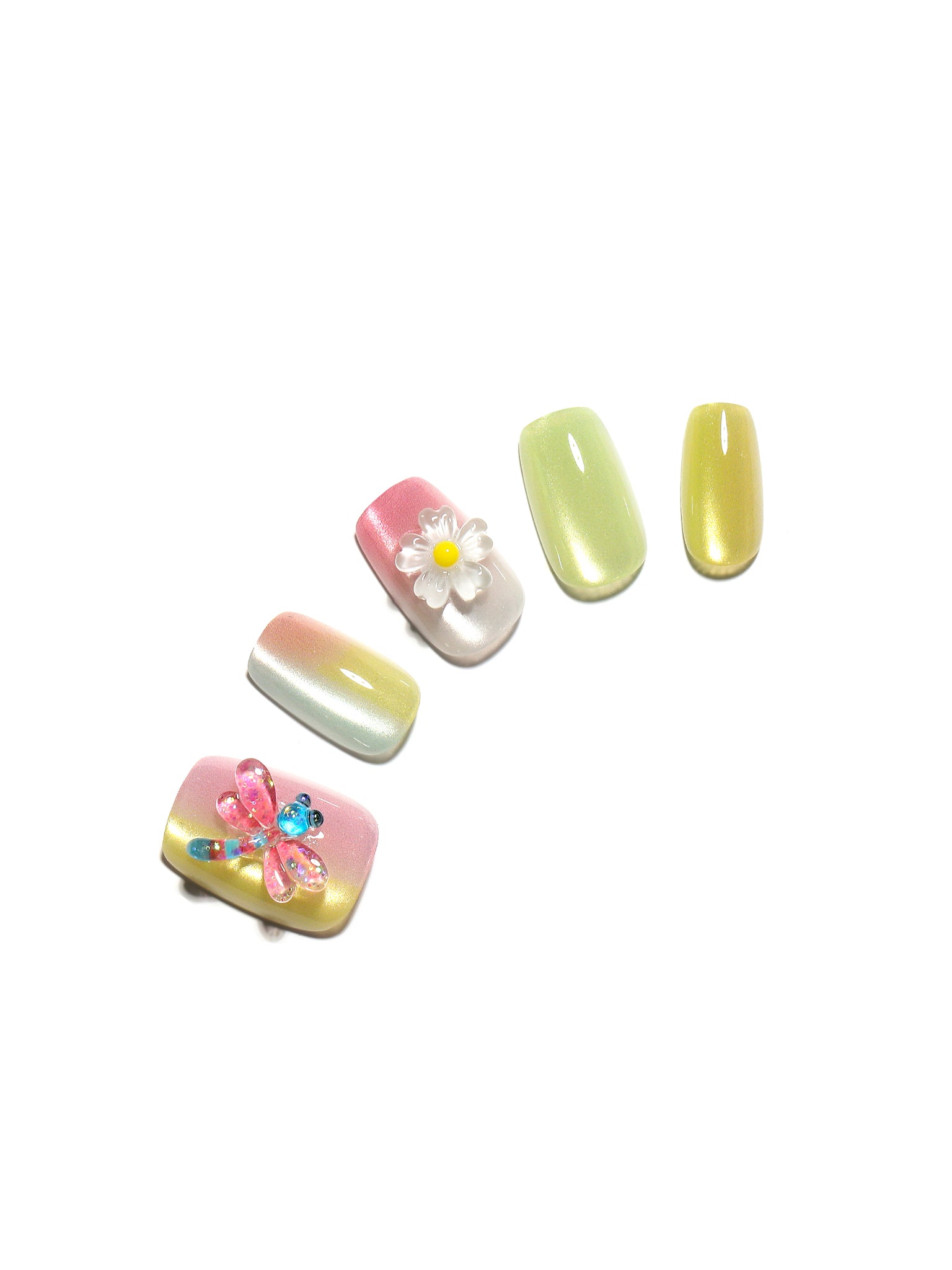 Candy Pop pastel ombre square press on nails with 3D dragonfly and daisy charms 30 piece acrylic set