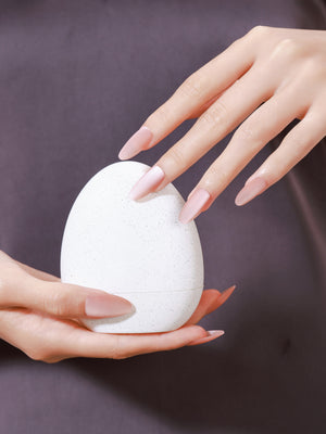 Close-up Soft Bloom champagne nude chrome press-on nails dragonfly line art glossy pearl finish