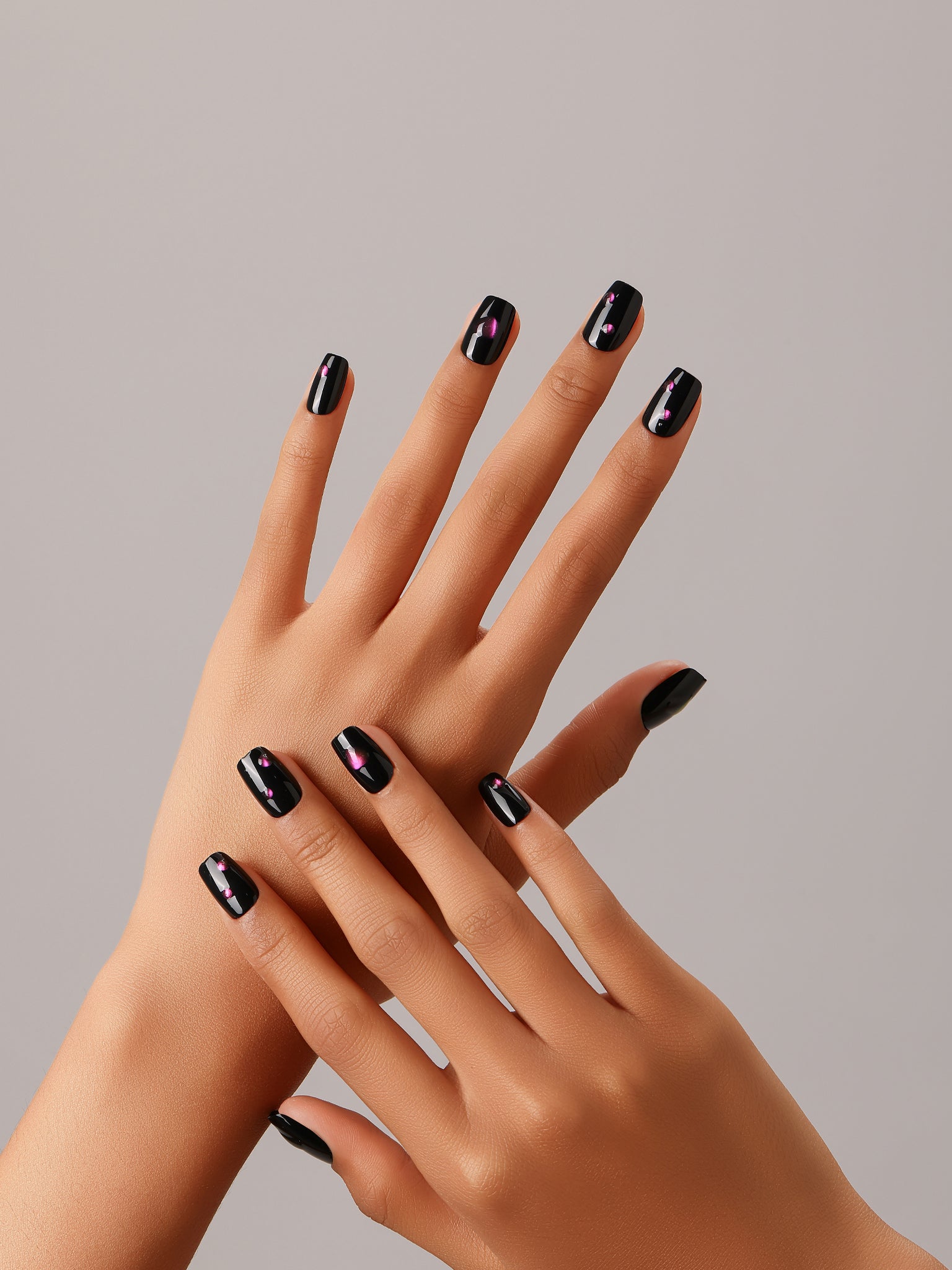 Full set showing Galaxy Heart Nails short square black and purple cat eye press-on nails