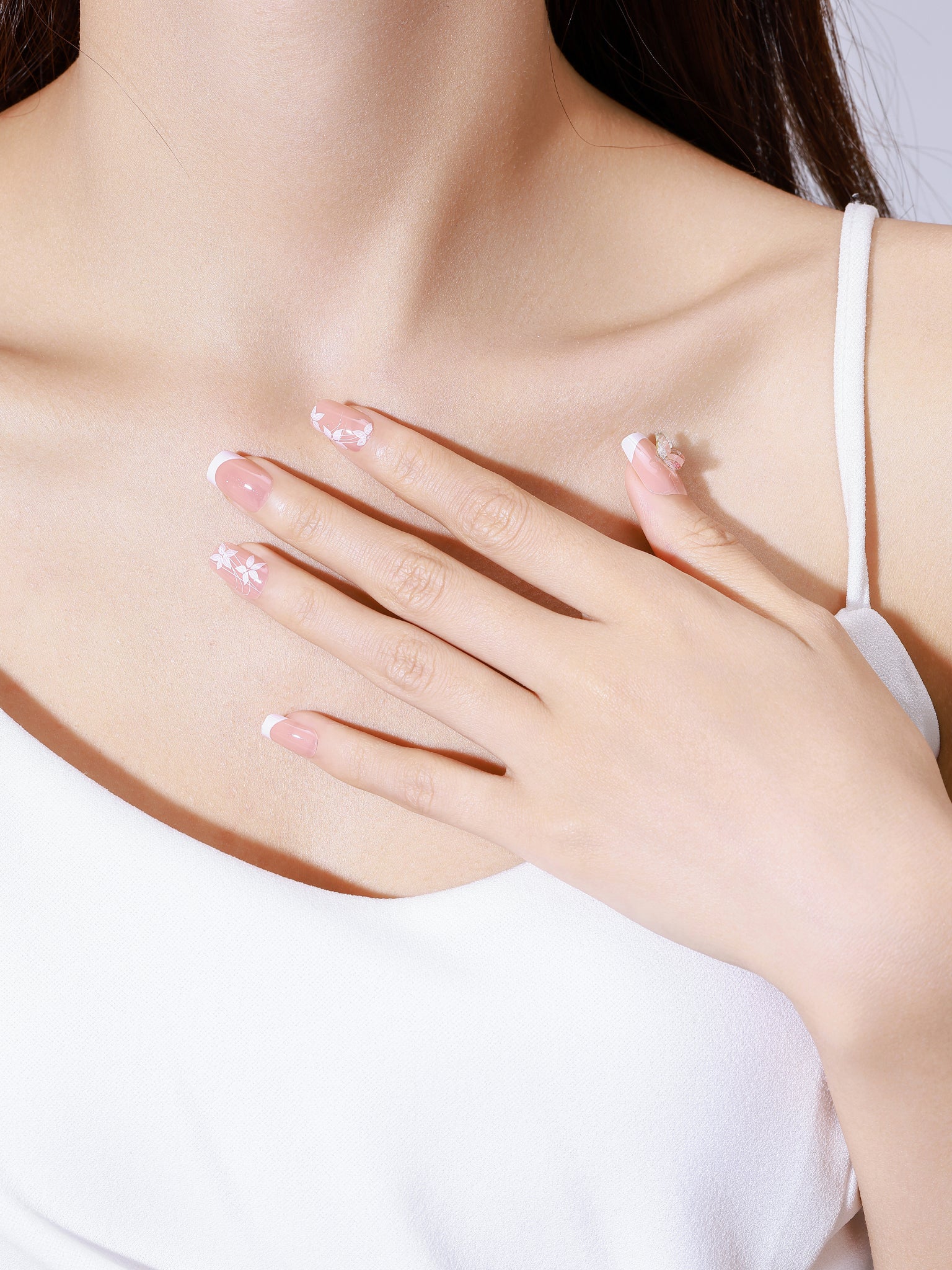 Rosy Glaze romantic floral press-on nail set with multiple square nail sizes