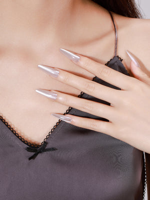  Peachy Promise long stiletto glazed nude acrylic press-on nails elegant manicure