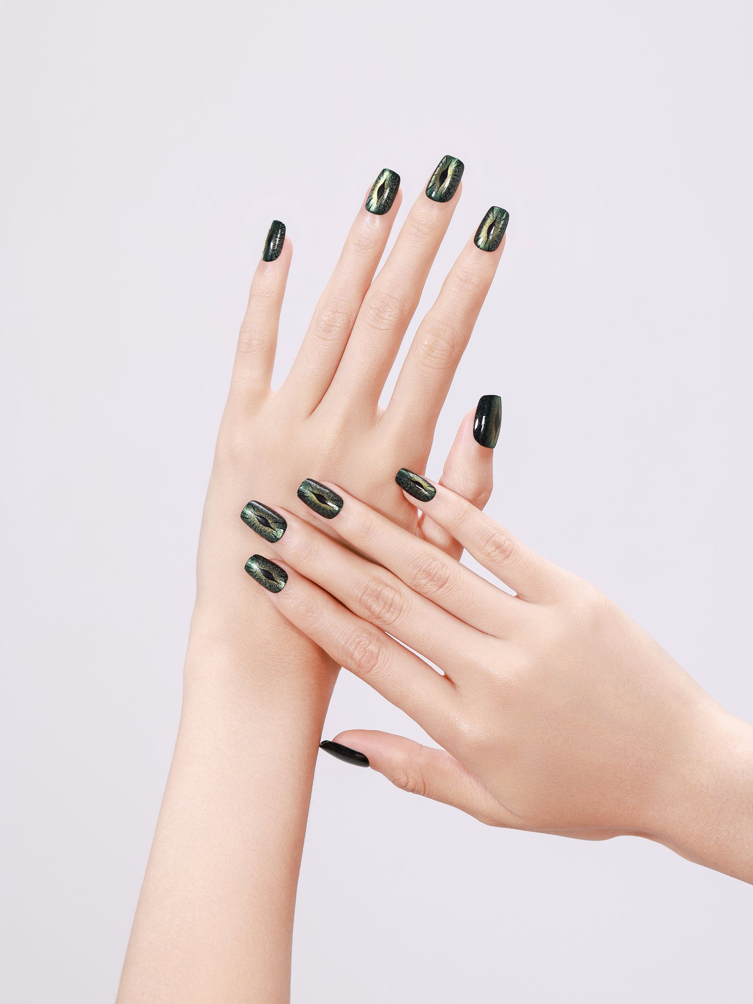 Close-up of Evil Eyes short square PMMA acrylic press-on nails with evil eye design