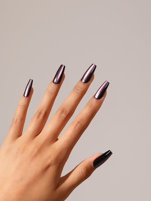 Close up of Eggplant deep violet long coffin press on nails from PressPressBeauty