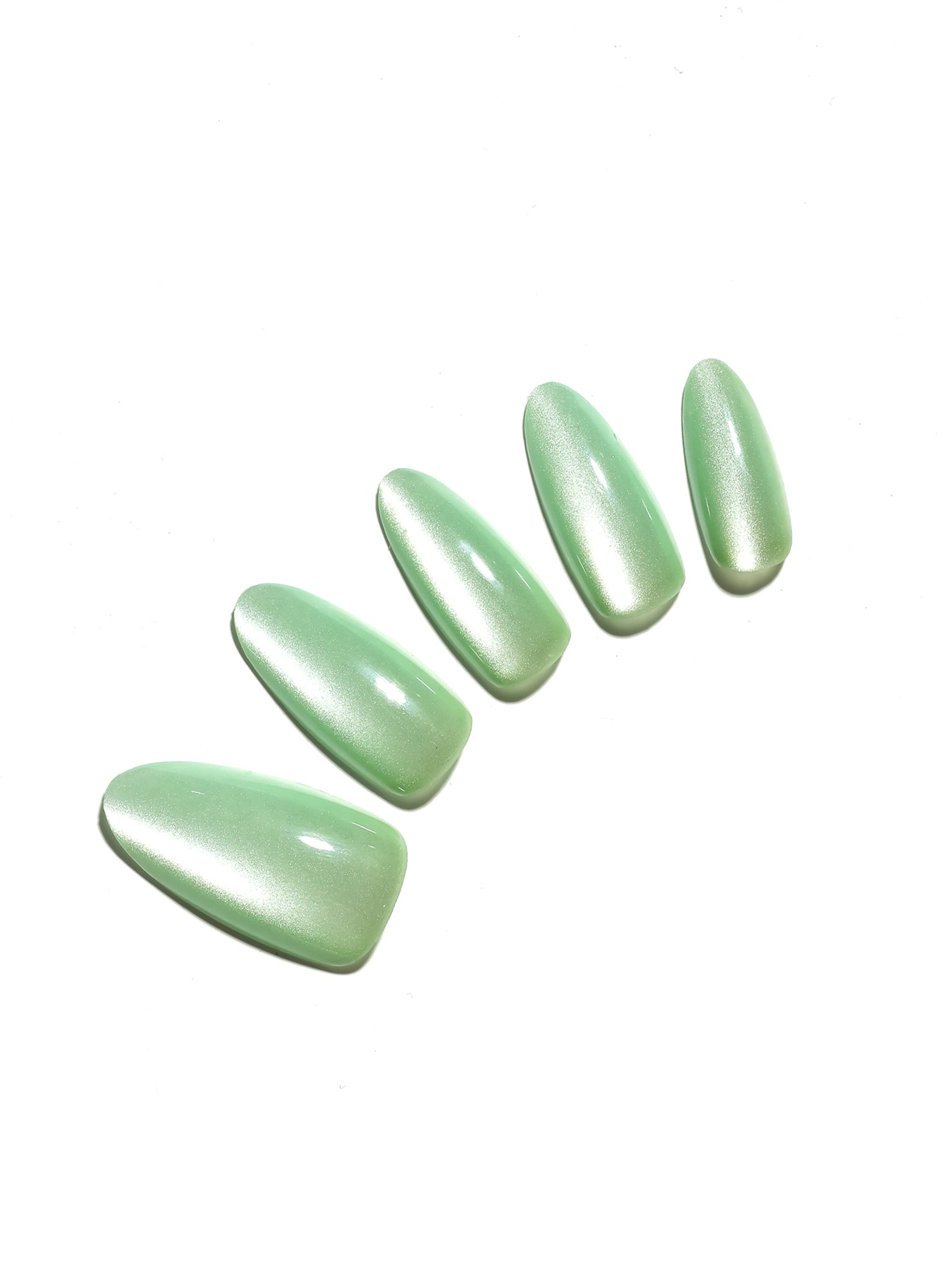 Icy Matcha medium almond mint green pearl press on nails luminous shimmer 30 piece set
