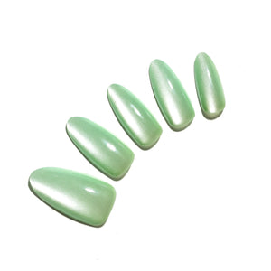 Icy Matcha medium almond mint green pearl press on nails luminous shimmer 30 piece set
