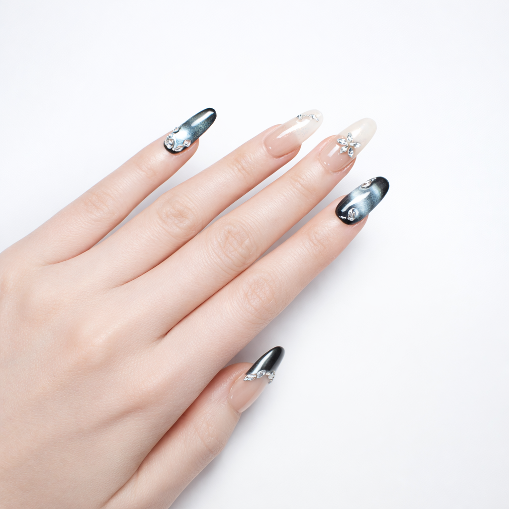 Moonlit Ice – Handmade Oval Nude & Silver Chrome Rhinestone Press-On Nails