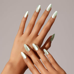 Full set showing Icy Matcha medium almond mint green pearl press on nails clean glazed look